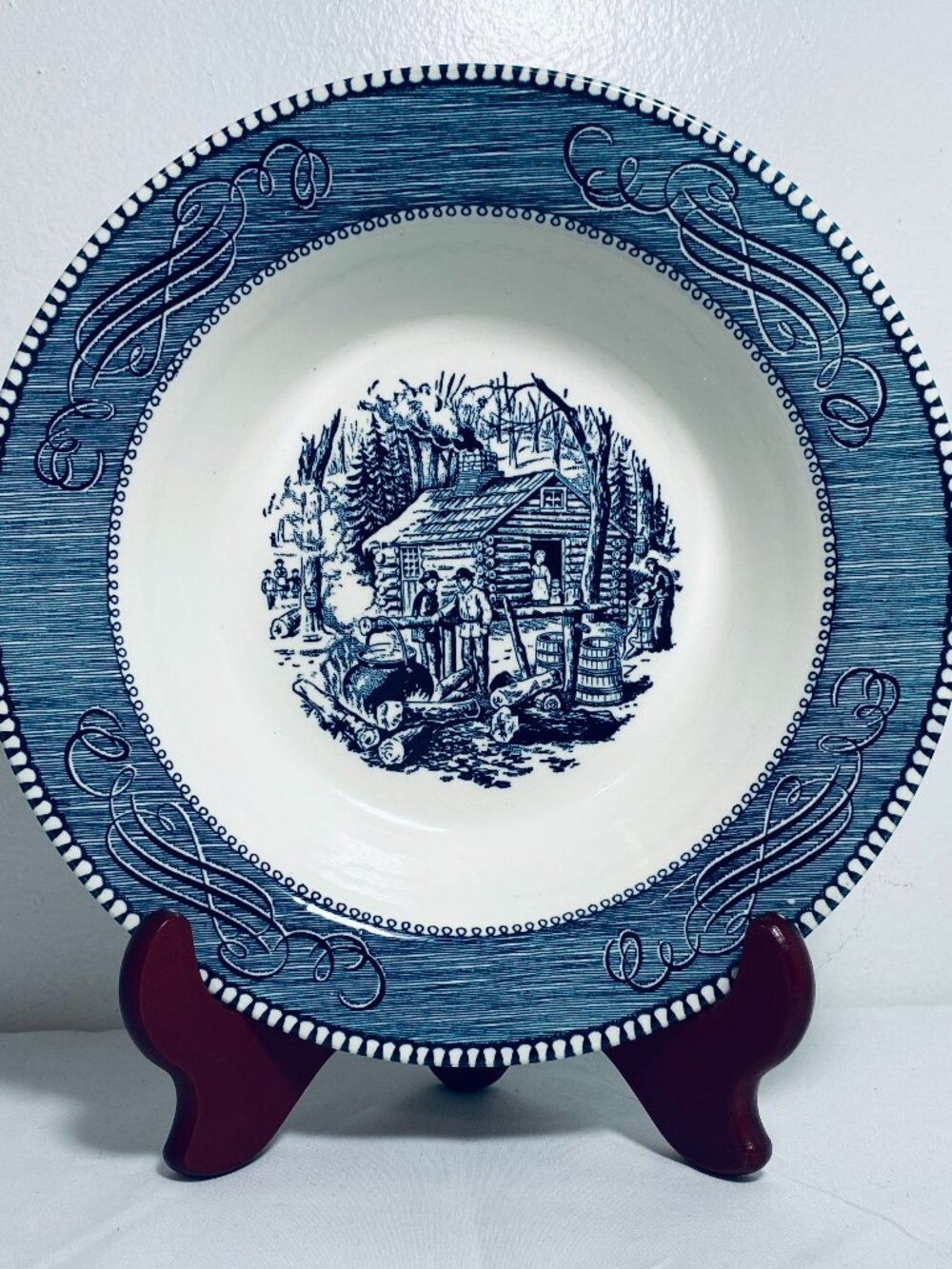 VNTG Currier & Ives Vegetable Bowl 9.25" Royal Blue China "Maple Sugaring" EUC